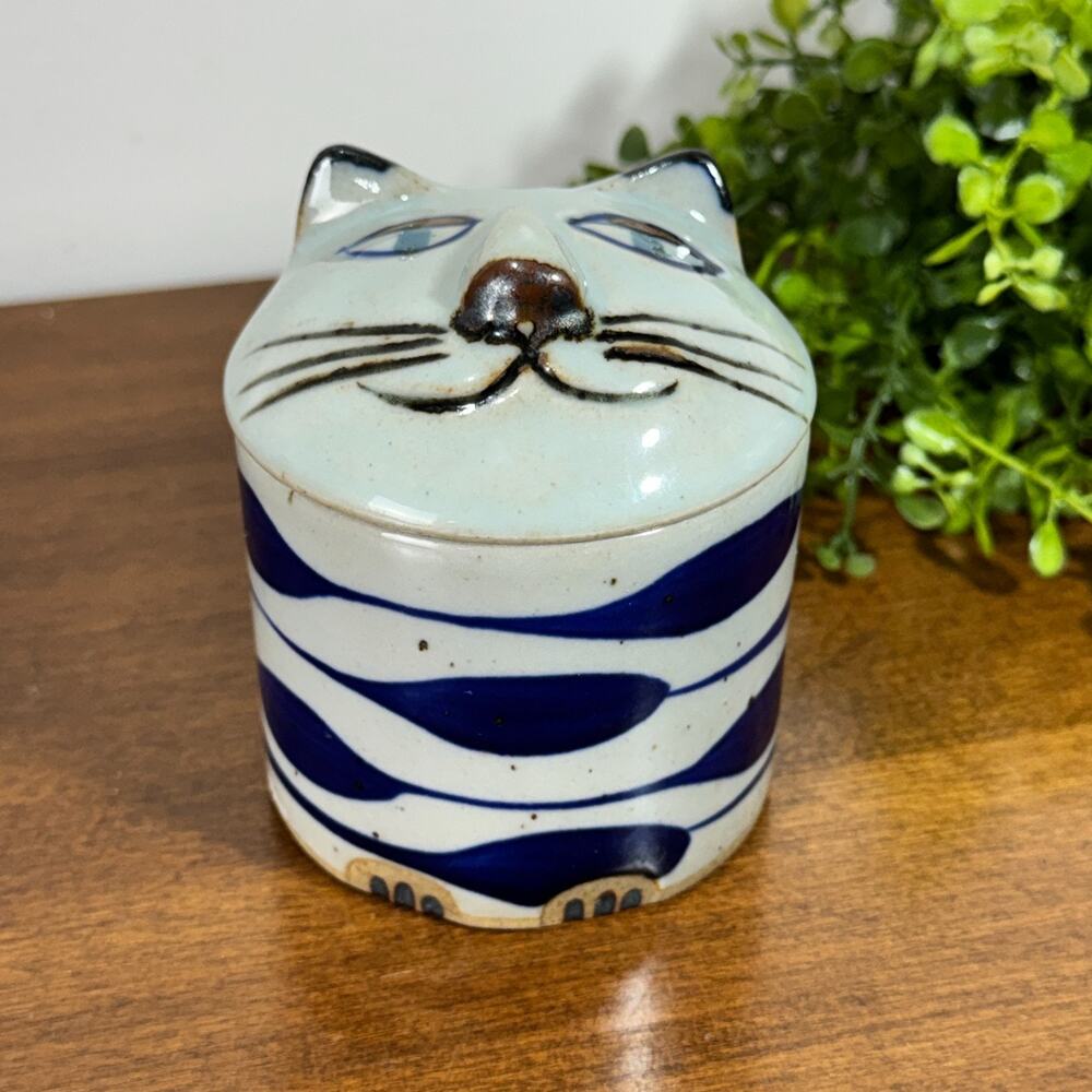 Vintage Takahashi Cat Trinket Box Lidded Jar Blue Stoneware Japan 3.5"
